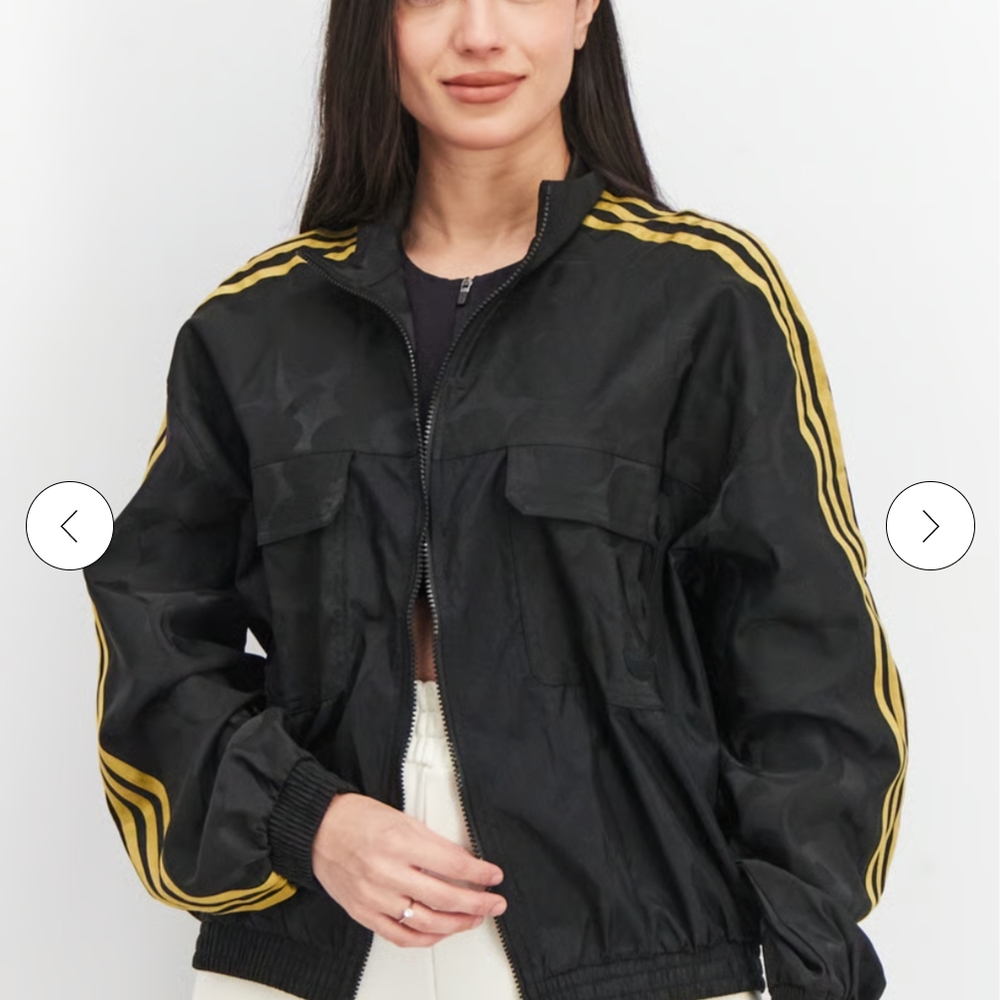 Adidas Black and Gold Bomber Jacket with Sporty Stripes